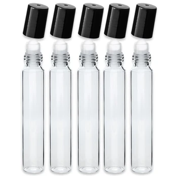 Bespalvis stiklinis roll-on buteliukas 10 ml su juodu dangteliu, 5 vnt.