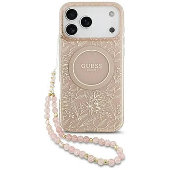 Dėklas Guess IML Flowers Electro Pearl Strap MagSafe do iPhone 17 Pro Max rožinė