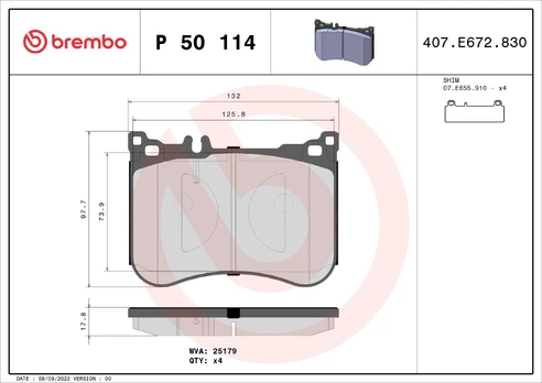 Stabdžių trinkelių rinkinys, diskinis stabdys BREMBO P 50 114