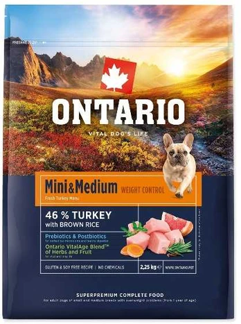 Ontario Mini & Medium Weight Control kalakutiena & Brown ryžiai 2,25kg