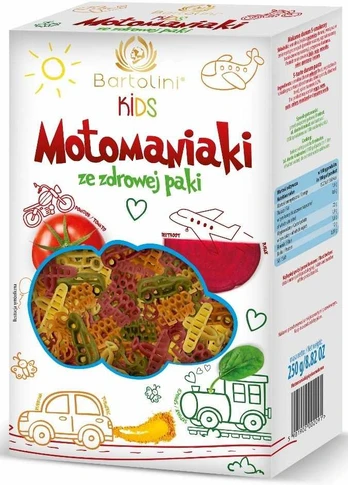 Ekologiški spalvoti, transporto priemonių formos makaronai BARTOLINI, 250 g