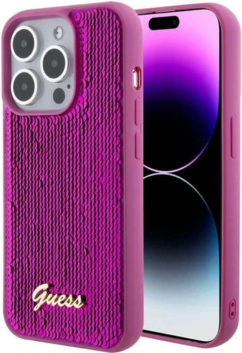 Guess Sequin Script logotipo dėklas, skirtas iPhone 15 Magenta