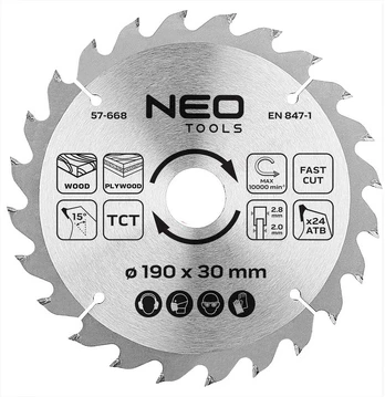 Neo Tools Diskinio pjovimo diskas, Widia, 190 x 30 mm, 24 dantukai