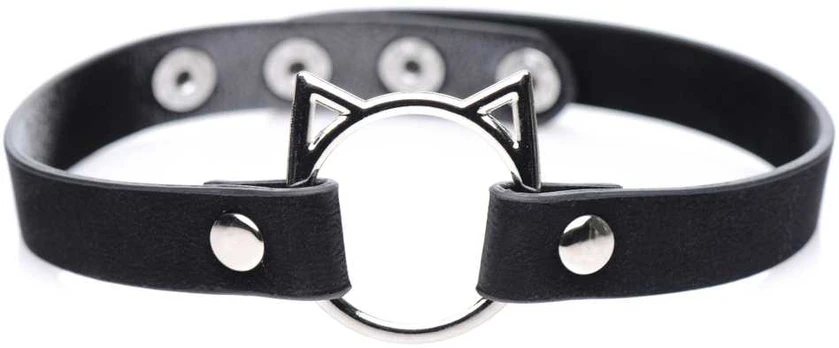 XR Brands Kinky Kitty Slim PU Leather Choker Juodas Adjustable Ring