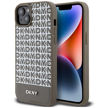 Dėklas DKNY PU Leather Repeat Pattern Bottom Stripe MagSafe Case for iPhone 15 Brown