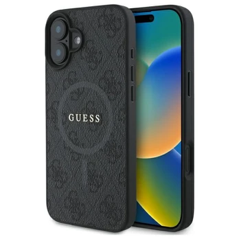 Dėklas Guess PU Leather 4G Colored Ring MagSafe Case for iPhone 16 Juodas