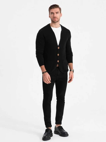 men's structured cardigan sweater with pockets - juodas v1 om-swcd-0109