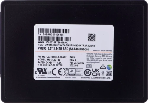 Samsung PM893 3.84TB Data Center SSD, 2.5'' 7mm, SATA 6Gb/s, Read/Write: 560/530 MB/s, Random Read/Write IOPS 98K/31K