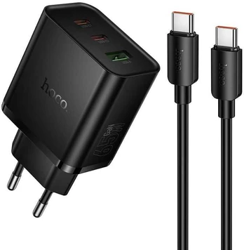 Phone charger Hoco 2x USB C + USB A QC3.0 PD 3A 65W + data cable USB C to USB C N75 juodas