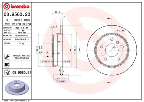 Stabdžių diskas BREMBO 08.9580.21