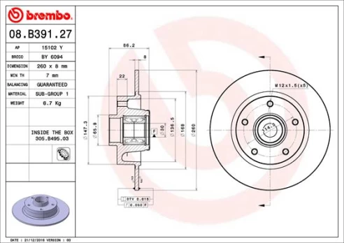 BREMBO 08.B391.27 Brake Disc with bearing