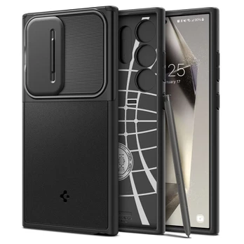 Juodas dėklas Samsung Galaxy S24 Ultra telefonui "Spigen Optik Armor"