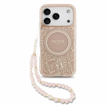 Dėklas Guess IML Flowers Allover Strap MagSafe Case for iPhone 18 Pro Rožinė