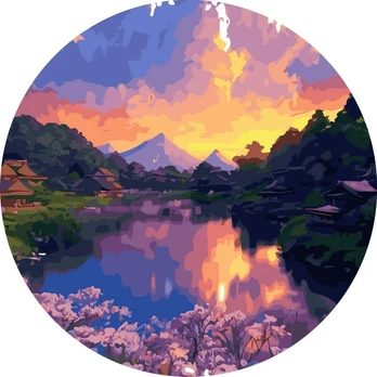 Tapyba Pagal Skaičius: „Spalvingas kalnų ežeras saulėlydyje“ 40x40 cm
