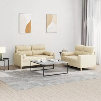 Sofa Sofos komplektas su pagalvėmis, 2 dalių, kreminis, audinys