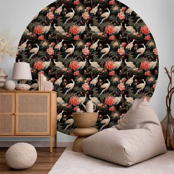 Apvalūs fototapetai - Ornamentas su gervėmis ir peonijomis