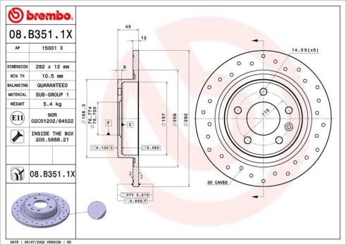 Stabdžių diskas BREMBO 08.B351.1X
