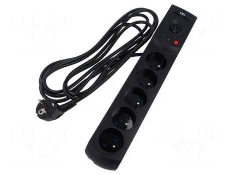 Plug socket strip: protective | Sockets: 5 | 230VAC | 10A | black | 3m