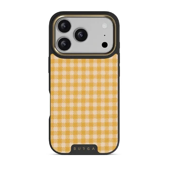 Tuscan Sun - Yellow Plaid iPhone 17 Pro Case, Elite Dark (MagSafe) / Gold