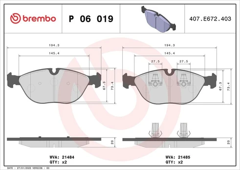 Stabdžių trinkelių rinkinys, diskinis stabdys BREMBO P06019