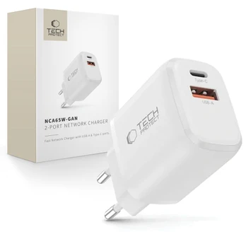 Baltas 1xUSB-A + 1xUSB-C PD65W / QC3.0 pakrovėjas "Tech-Protect NCA65W-GAN 2-Port"