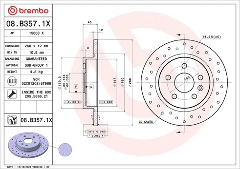 Stabdžių diskas BREMBO 08.B357.1X