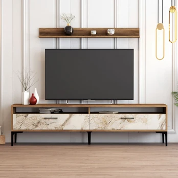 Tv staliukas Istanbul-Walnut, White Marble Graikinis riešutas Balta