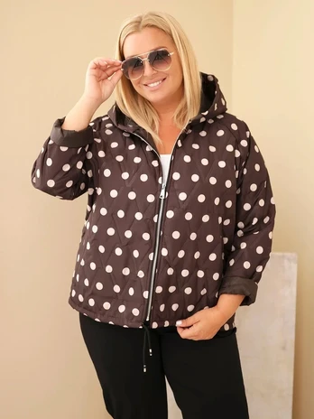 Moteriška Plus Size striukė su gobtuvu ir taškuotu raštu, ruda
