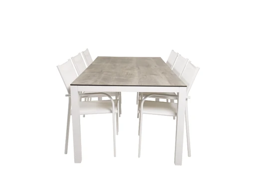 Llama Dining Table 205*100 - White Alu / Grey HPL+Santorini Arm Chair (Stackable