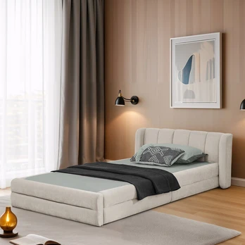 Viengulė lova 90x200 cm su chenille audiniu, smėlio spalva (be čiužinio)