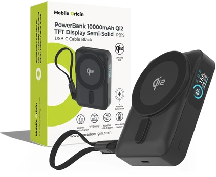Mobile Origin 10000 mAh Qi2 TFT Ekranas Semi-solid PowerBank PB19 – USB-C Cable Juodas