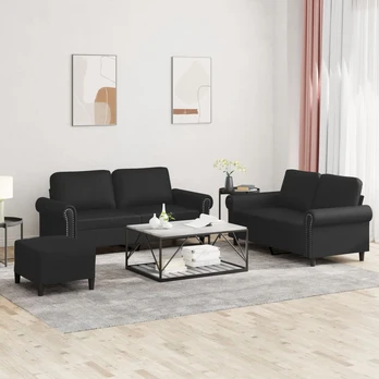 Sofa Sofos komplektas su pagalvėlėmis, 3 dalių, juodas, dirbtinė oda