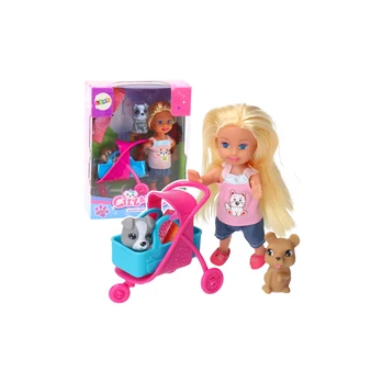 Lean Toys Mini Doll Stroller Carrier Dogs Set Gray Brown