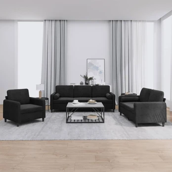 Sofa Sofos komplektas su pagalvėmis, 3 dalių, juodas, aksomas