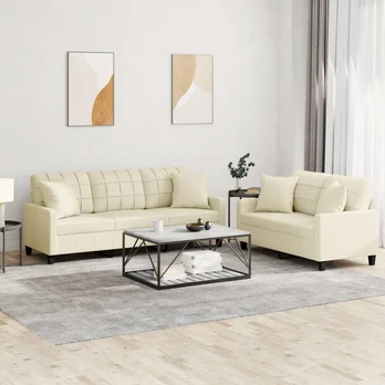 Sofa Sofos komplektas su pagalvėmis, 2 dalių, kreminis, dirbtinė oda