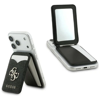 Dėklas Guess PU 4G Mirror MagSafe Cardslot Stand Juodas
