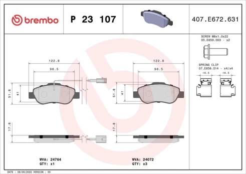 Stabdžių trinkelių rinkinys, diskinis stabdys BREMBO P 23 107