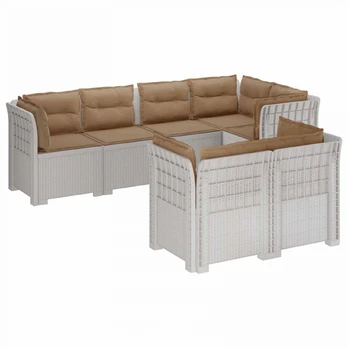 7-Vietis Sodo Sofa su Pagalvėlėmis Ratanas PP Balta