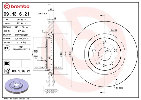 BREMBO 09.N316.21 Brake Disc