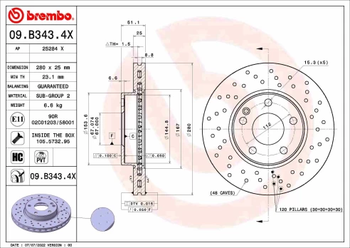Stabdžių diskas BREMBO 09.B343.4X