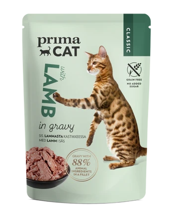 Konservuotas kačių ėdalas PRIMACAT Classics, ėriena padaže, 85g