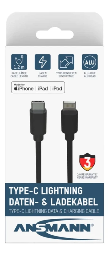 Kabelis USB Ansmann USB-C - Lightning 1.2 m Juodas (1700-0106)