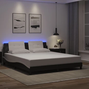 Lovos rėmas su LED, juodas ir baltas, 180x200cm, dirbtinė oda