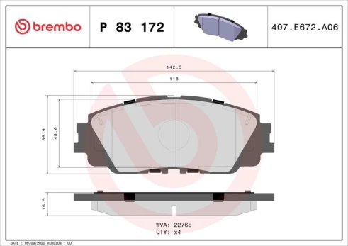 Stabdžių trinkelių rinkinys, diskinis stabdys BREMBO P 83 172
