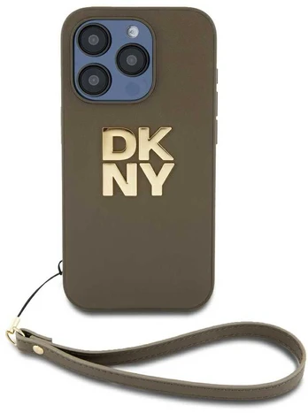 Dėklas DKNY PU Leather Stack Logo Wrist Strap Case for iPhone 14 Pro Žalias