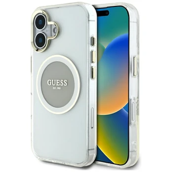 Dėklas Guess IML Metal Colored Circle Classic Logo MagSafe do iPhone 16 pilka