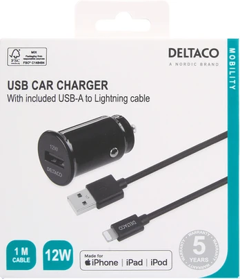 Automobilinis įkroviklis Deltaco USB-CAR130, Lightning/USB Type A, juoda sp., 12 W