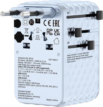 Verbatim Adapteris kelioninis EU/UK/US GaN 2xUSB-C/2xUSB-A/1xUSB-C PD 100W mėlyna 30192
