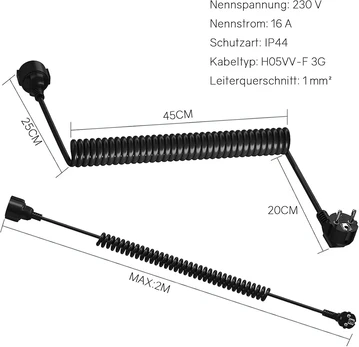 Tiesiamasis laidas su spirale 3m, 230v/16a, Ip44