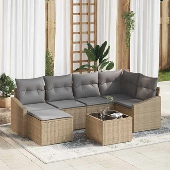 7 dalių sodo sofa su pagalvėmis juoda poli ratanas